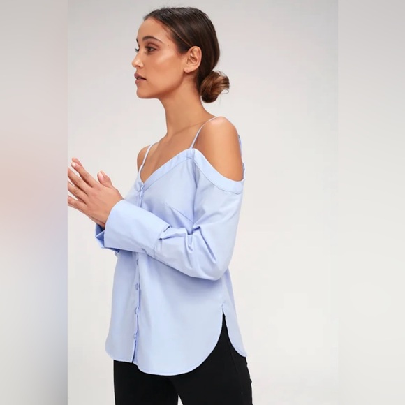 Lulus Work From Home Light Blue Poplin Button-Down Off-the-Shoulder Top Sz M - Picture 5 of 12